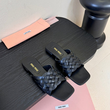 MIUMIU 26S IVETTE WOVEN SLIDE SANDALS IN BLACK CALFSKIN