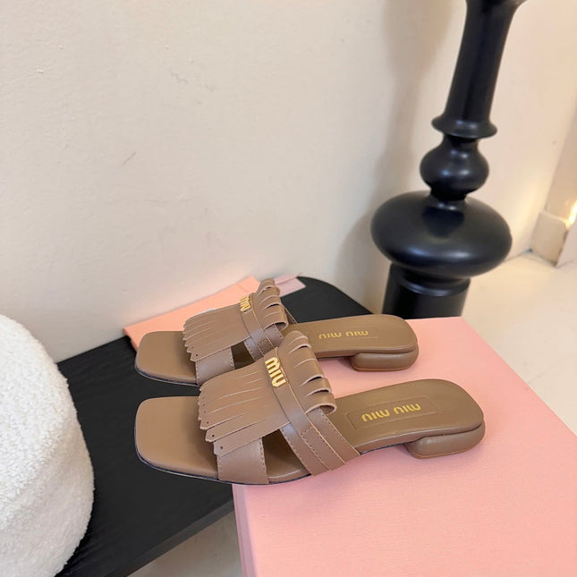 MIUMIU 26S FLAT SLIPPERS IN BROWN CALFSKIN