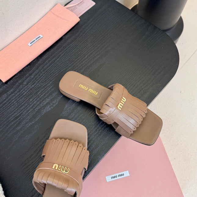 MIUMIU 26S FLAT SLIPPERS IN BROWN CALFSKIN