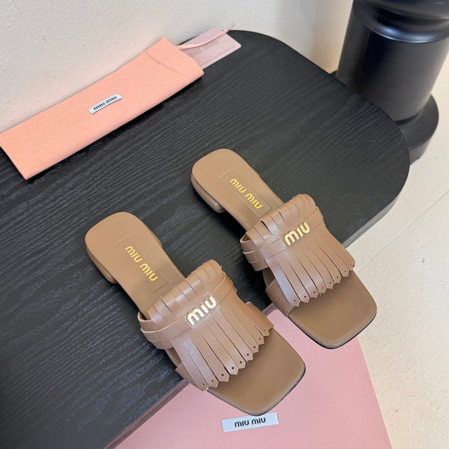 MIUMIU 26S FLAT SLIPPERS IN BROWN CALFSKIN
