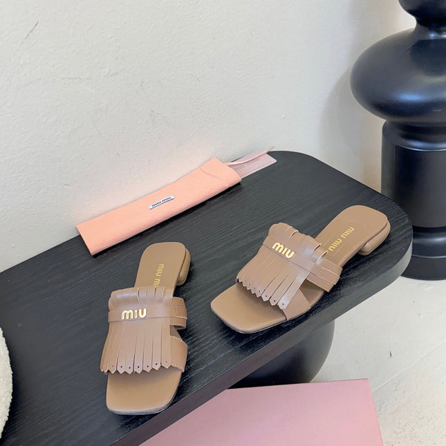 MIUMIU 26S FLAT SLIPPERS IN BROWN CALFSKIN