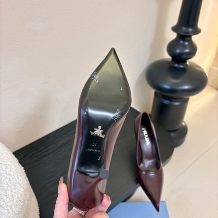 PRADA 26S POINTED-TOE HIGH HEELS IN BURGUNDY RED LAMBSKIN