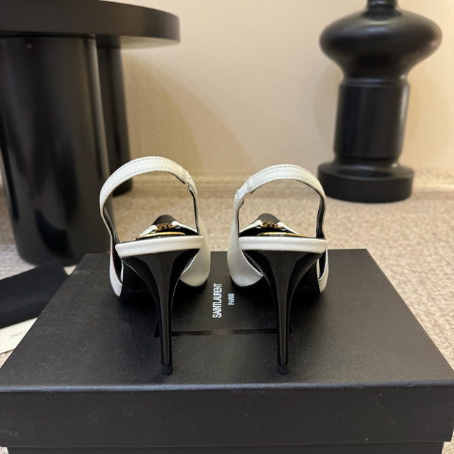 YSL BABYLONE SLINGBACK PUMPS IN WHITE MIX BLACK CALFSKIN