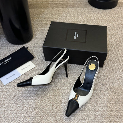 YSL BABYLONE SLINGBACK PUMPS IN WHITE MIX BLACK CALFSKIN