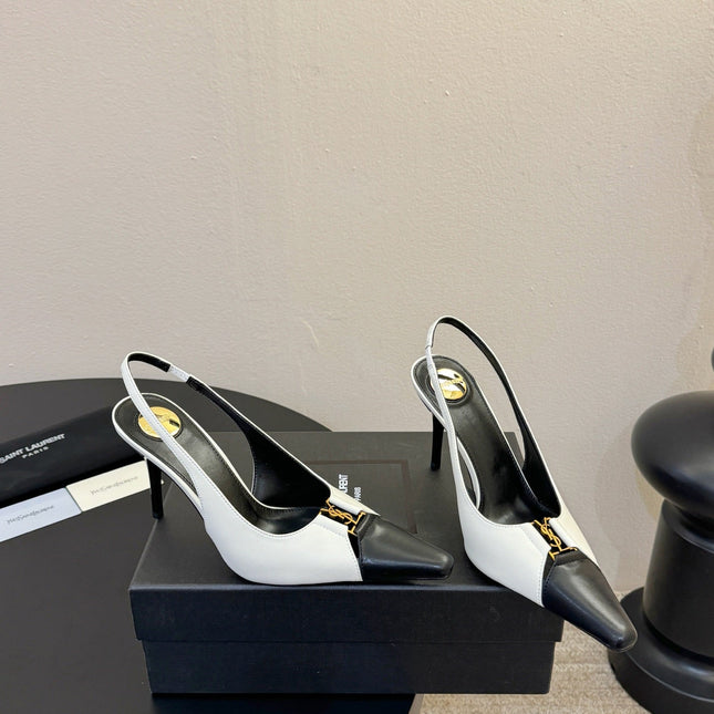 YSL BABYLONE SLINGBACK PUMPS IN WHITE MIX BLACK CALFSKIN