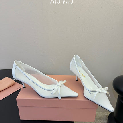 MIUMIU 26S HIGH-HEEL IN WHITE MESH AND LAMBSKIN WITH BOW