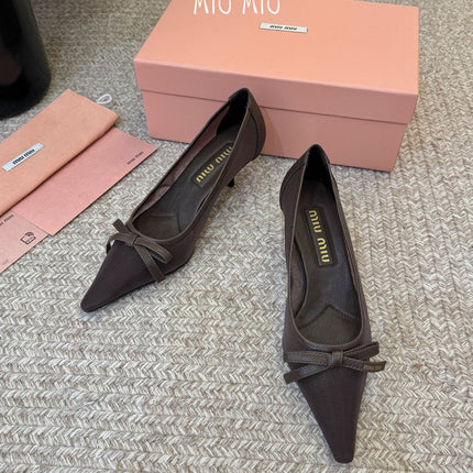 MIUMIU 26S HIGH-HEEL IN DARK BROWN MESH AND LAMBSKIN WITH BOW