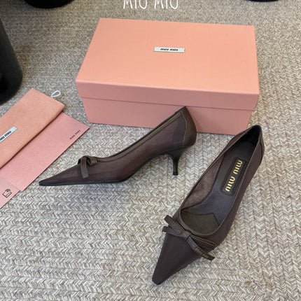 MIUMIU 26S HIGH-HEEL IN DARK BROWN MESH AND LAMBSKIN WITH BOW