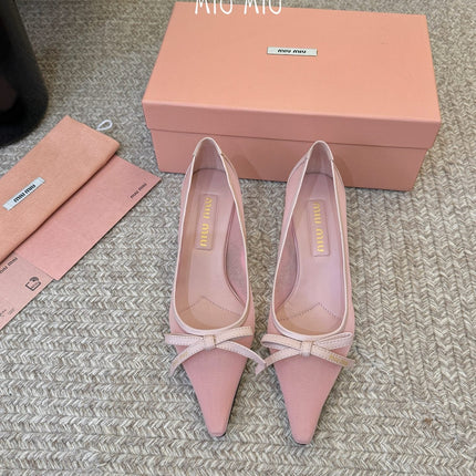 MIUMIU 26S HIGH-HEEL IN LIGHT PINK MESH AND LAMBSKIN WITH BOW