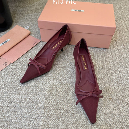 MIUMIU 26S HIGH-HEEL IN DARK RED MESH AND LAMBSKIN WITH BOW