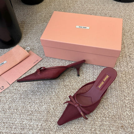 MIUMIU 26S HEEL MULES IN DARK RED MESH AND LAMBSKIN