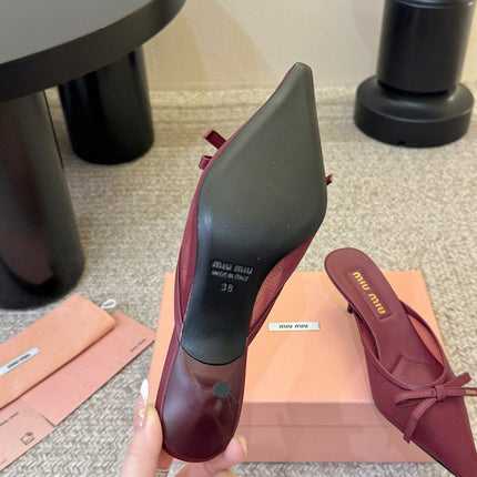 MIUMIU 26S HEEL MULES IN DARK RED MESH AND LAMBSKIN