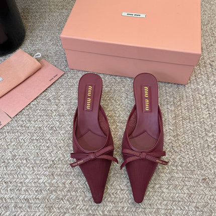 MIUMIU 26S HEEL MULES IN DARK RED MESH AND LAMBSKIN
