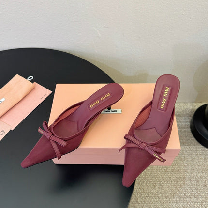 MIUMIU 26S HEEL MULES IN DARK RED MESH AND LAMBSKIN