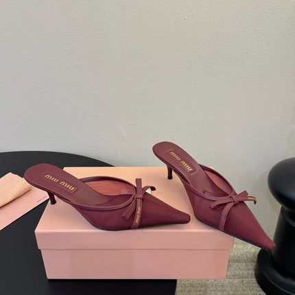 MIUMIU 26S HEEL MULES IN DARK RED MESH AND LAMBSKIN