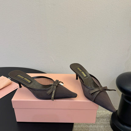 MIUMIU 26S HEEL MULES IN CHOCOLATE BROWN MESH AND LAMBSKIN
