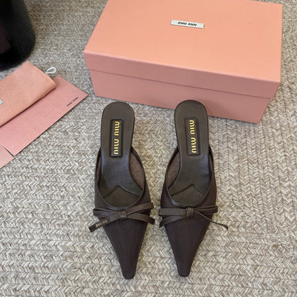 MIUMIU 26S HEEL MULES IN CHOCOLATE BROWN MESH AND LAMBSKIN