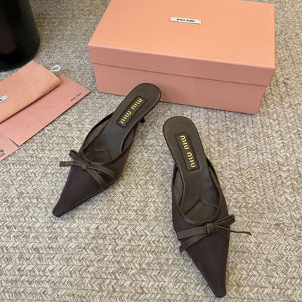 MIUMIU 26S HEEL MULES IN CHOCOLATE BROWN MESH AND LAMBSKIN