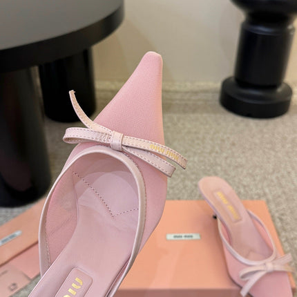 MIUMIU 26S HEEL MULES IN LIGHT PINK MESH AND LAMBSKIN