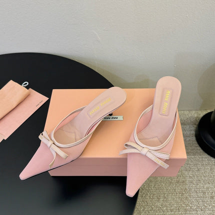 MIUMIU 26S HEEL MULES IN LIGHT PINK MESH AND LAMBSKIN