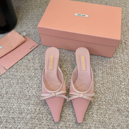 MIUMIU 26S HEEL MULES IN LIGHT PINK MESH AND LAMBSKIN