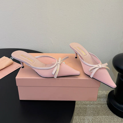 MIUMIU 26S HEEL MULES IN LIGHT PINK MESH AND LAMBSKIN