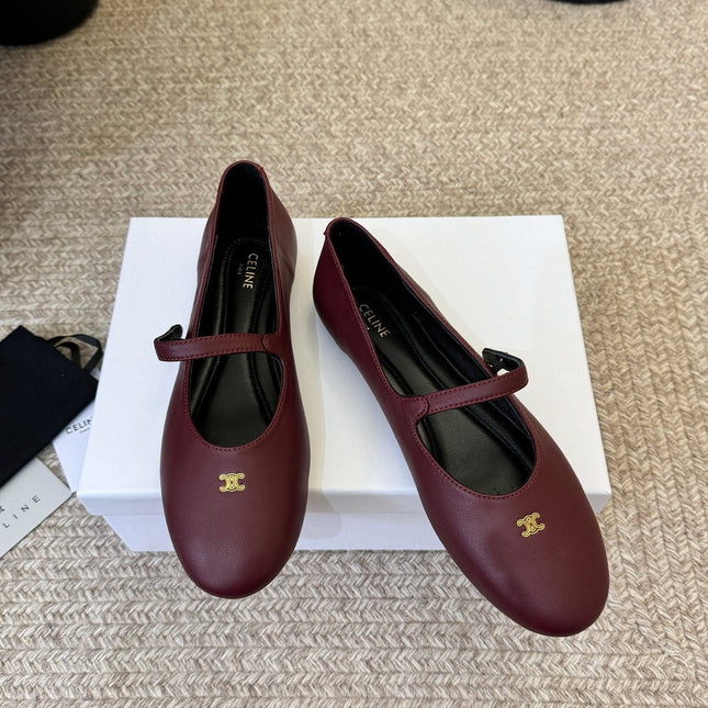 CELINE 26S BALLERINA FLATS IN DARK RED LAMBSKIN