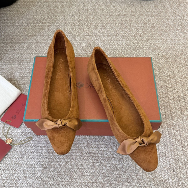 LP 26S BALLET FLATS IN CAMEL BROWN SUEDE WITH SATIN BOW