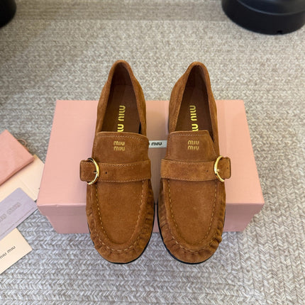 MIUMIU 26S HEEL LOAFERS 50 MM IN BROWN SUEDE