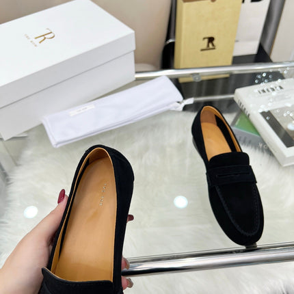 THE ROW 26S PENNY LOAFERS IN BLACK SUEDE
