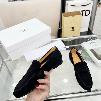 THE ROW 26S PENNY LOAFERS IN BLACK SUEDE