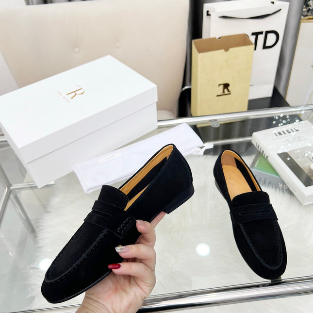 THE ROW 26S PENNY LOAFERS IN BLACK SUEDE