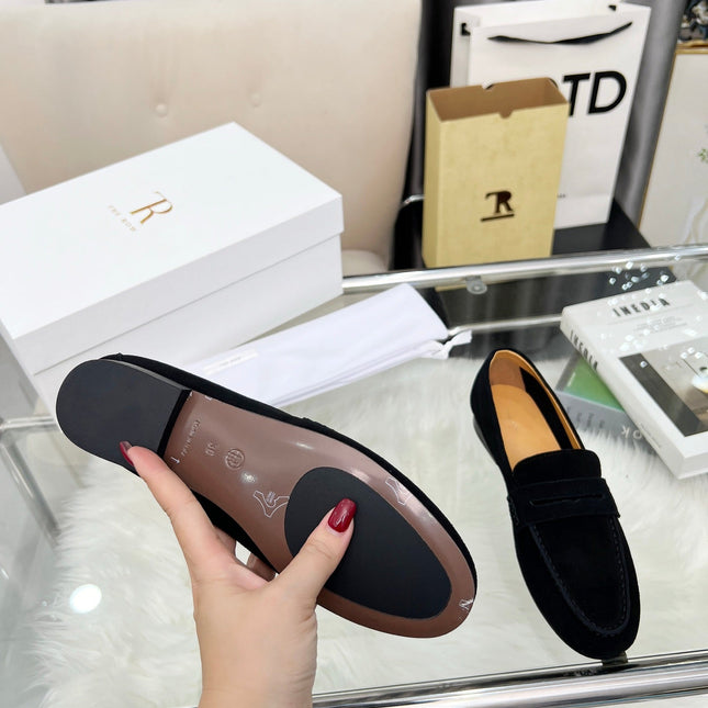 THE ROW 26S PENNY LOAFERS IN BLACK SUEDE