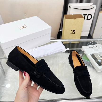 THE ROW 26S PENNY LOAFERS IN BLACK SUEDE