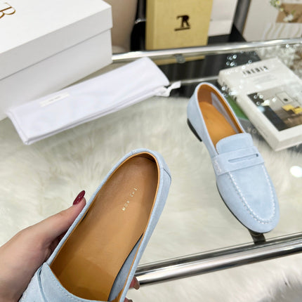 THE ROW 26S PENNY LOAFERS IN LIGHT BLUE SUEDE
