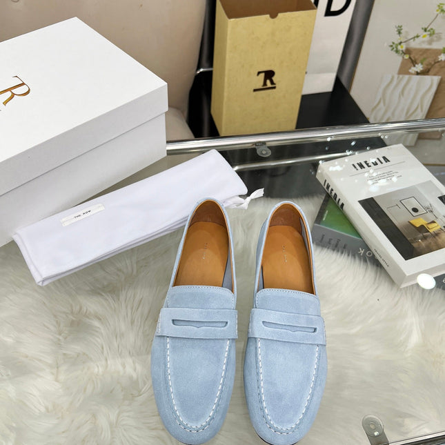 THE ROW 26S PENNY LOAFERS IN LIGHT BLUE SUEDE