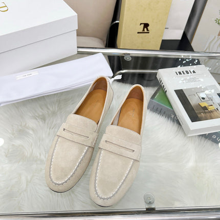 THE ROW 26S PENNY LOAFERS IN LIGHT BEIGE SUEDE