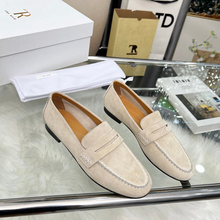 THE ROW 26S PENNY LOAFERS IN LIGHT BEIGE SUEDE
