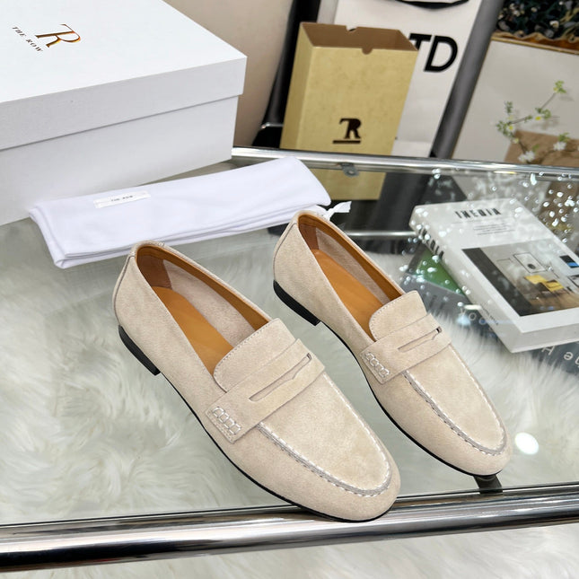 THE ROW 26S PENNY LOAFERS IN LIGHT BEIGE SUEDE