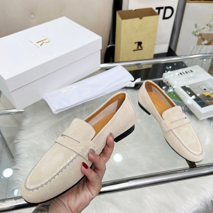 THE ROW 26S PENNY LOAFERS IN LIGHT BEIGE SUEDE
