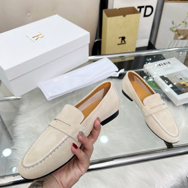 THE ROW 26S PENNY LOAFERS IN LIGHT BEIGE SUEDE