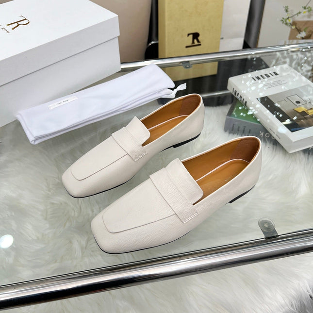THE ROW 26S PENNY LOAFER FLATS IN IVORY WHITE GRAINED CALFSKIN
