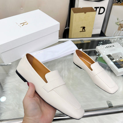 THE ROW 26S PENNY LOAFER FLATS IN IVORY WHITE GRAINED CALFSKIN