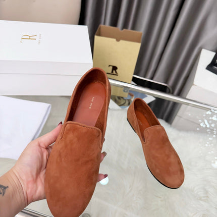 THE ROW 26S CLASSIC LOAFER FLATS IN COGNAC BROWN SUEDE