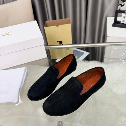 THE ROW 26S CLASSIC LOAFER FLATS IN BLACK SUEDE