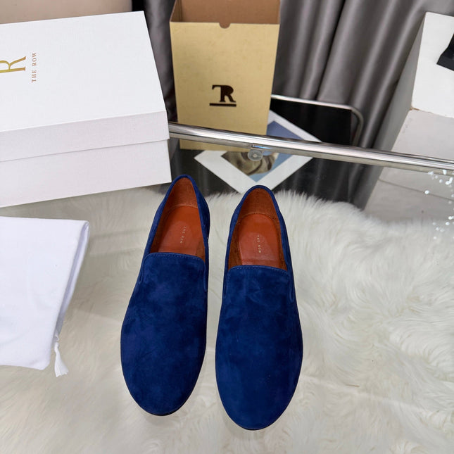 THE ROW 26S CLASSIC LOAFER FLATS IN DARK BLUE SUEDE