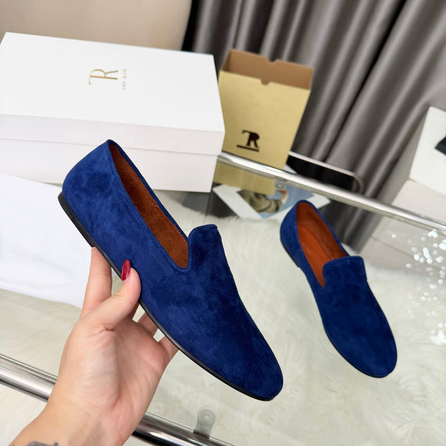 THE ROW 26S CLASSIC LOAFER FLATS IN DARK BLUE SUEDE