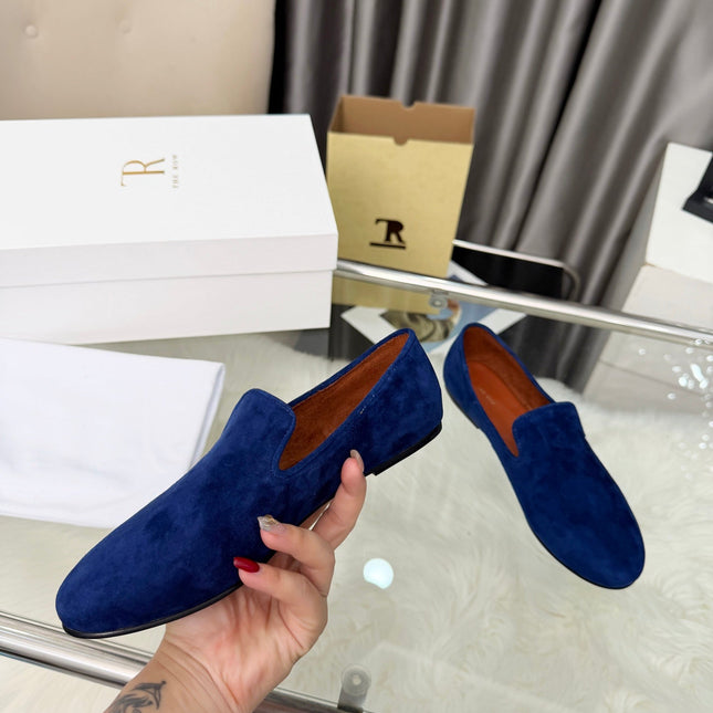 THE ROW 26S CLASSIC LOAFER FLATS IN DARK BLUE SUEDE