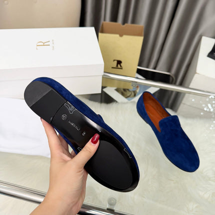 THE ROW 26S CLASSIC LOAFER FLATS IN DARK BLUE SUEDE