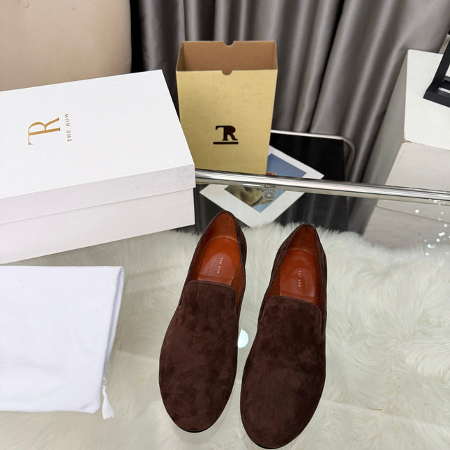 THE ROW 26S CLASSIC LOAFER FLATS IN DARK BROWN SUEDE